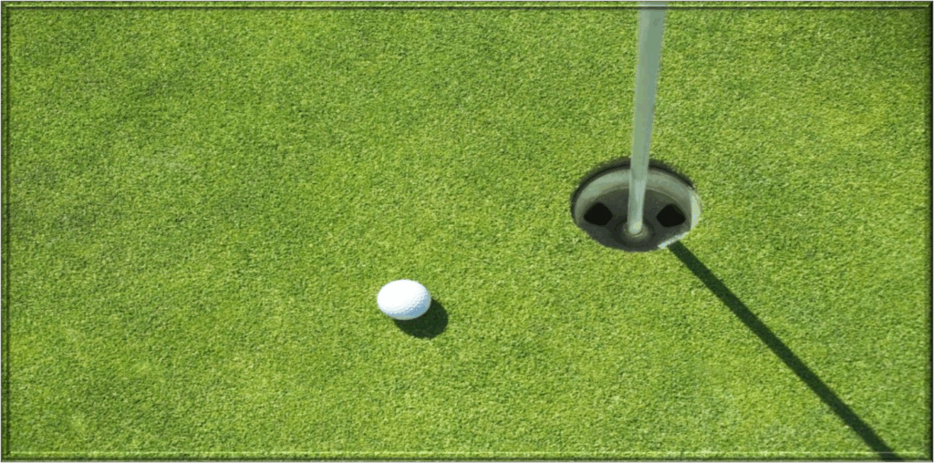 A close-up of a white golf ball on green grass, just inches from a golf hole, with the flagpole casting a shadow. Highlights precision in putting.