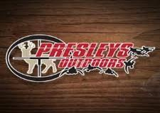 Presleys Outdoors logo featuring animal silhouettes and a hunting crosshair, set against a wooden background. Represents outdoor and hunting activities.